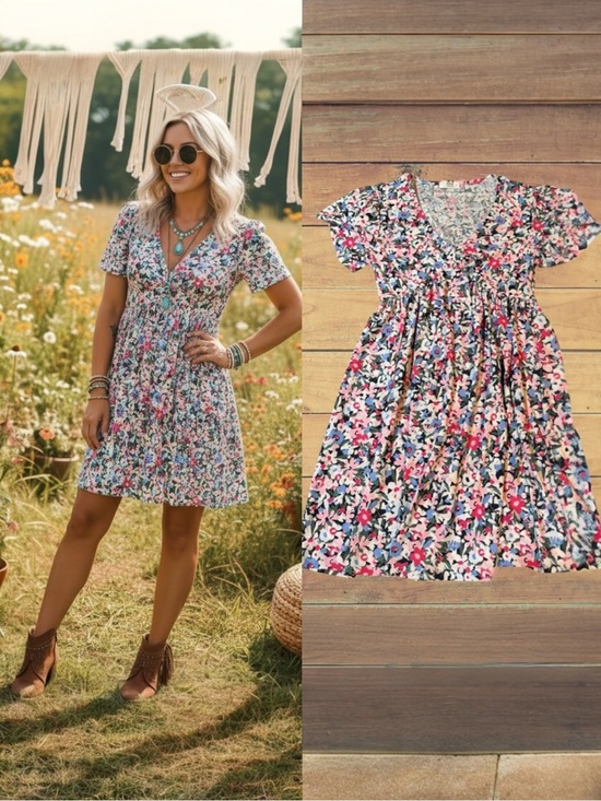Ardene Dresses & Skirts - Ardene NWT Pink & Blue Ditsy Floral V-Neck Babydoll Mini Dress Size Small 🌺
